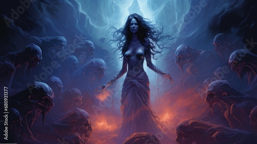 sorceress in dark purple robe with dark hair indian woman fighting skeletons and zombies with magic forcefield