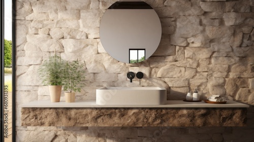 Minimalistic bathroom featuring a natural stone