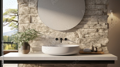 Minimalistic bathroom featuring a natural stone