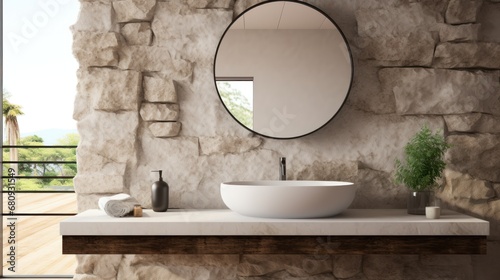 Minimalistic bathroom featuring a natural stone