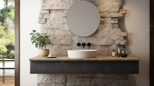 Minimalistic bathroom featuring a natural stone
