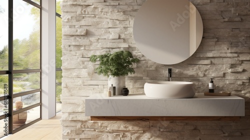 Minimalistic bathroom featuring a natural stone