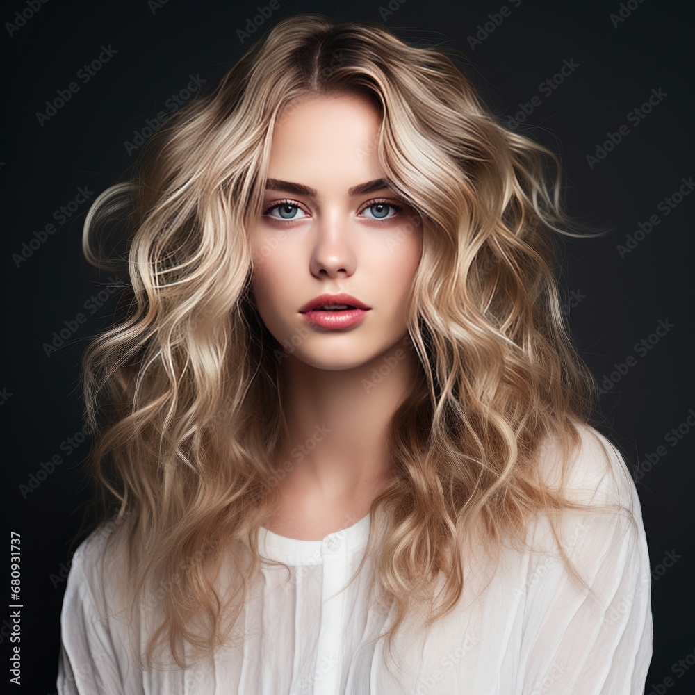Stylish young woman with wavy blonde hair at a salon, representing beauty, fashion, and hairdressing expertise. Ai generated Stylish young woman with wavy blonde hair at a salon, representing beauty, fashion, and hairdressing expertise. Ai generated