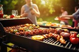 Barbecue Picnic on Blurred Background, Friends BBQ Party Outdoors, Generative AI Illustration
