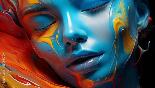 A Vibrant Portrait: Woman with Blue and Yellow Paint on Her Face © Marius