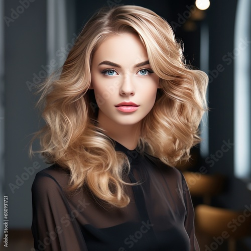 Stylish young woman with wavy blonde hair at a salon, representing beauty, fashion, and hairdressing expertise. Ai generated