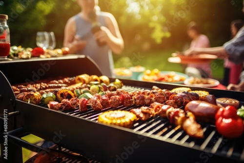 Barbecue Picnic on Blurred Background, Friends BBQ Party Outdoors, Generative AI Illustration