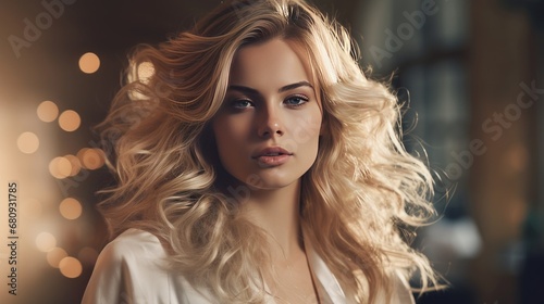 Stylish young woman with wavy blonde hair at a salon, representing beauty, fashion, and hairdressing expertise. Ai generated © qntn