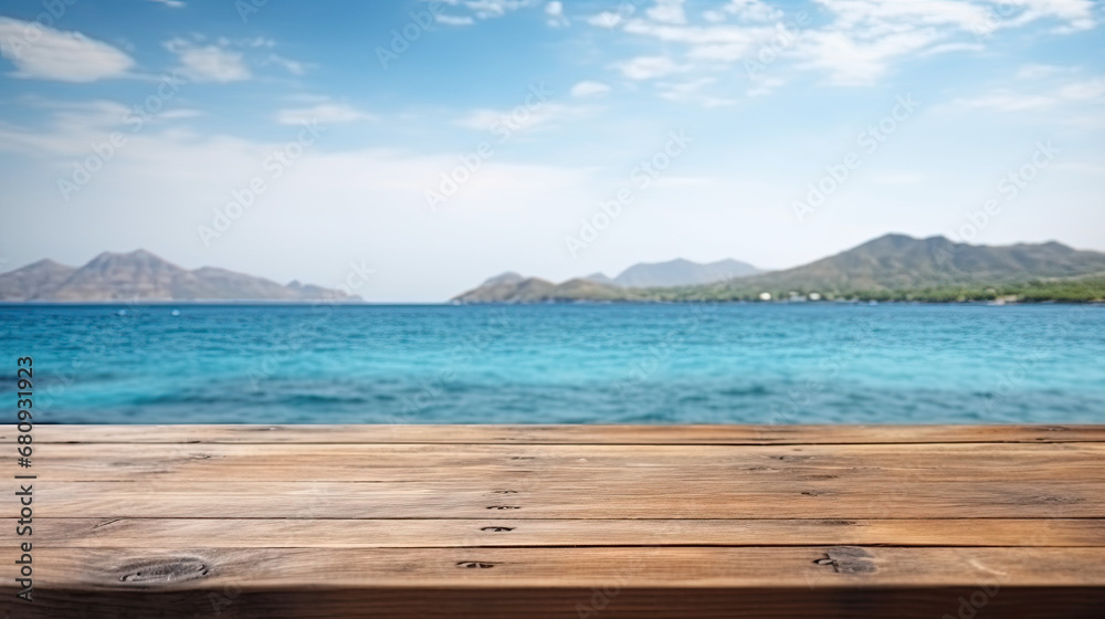 Fototapeta premium Wooden table on the background of the sea, podium, product display.Product Mock up. 