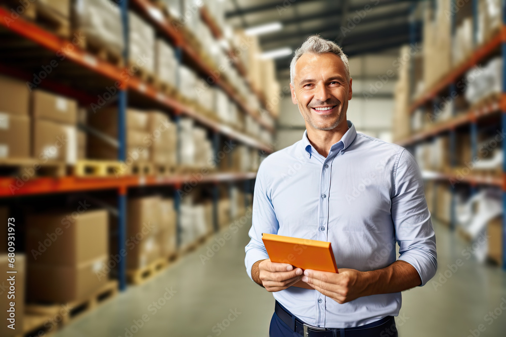 Warehouse Manager at Work, Happy Male Factory Manager Using Digital Tablet, Generative AI Illustration Warehouse Manager at Work, Happy Male Factory Manager Using Digital Tablet, Generative AI Illustration