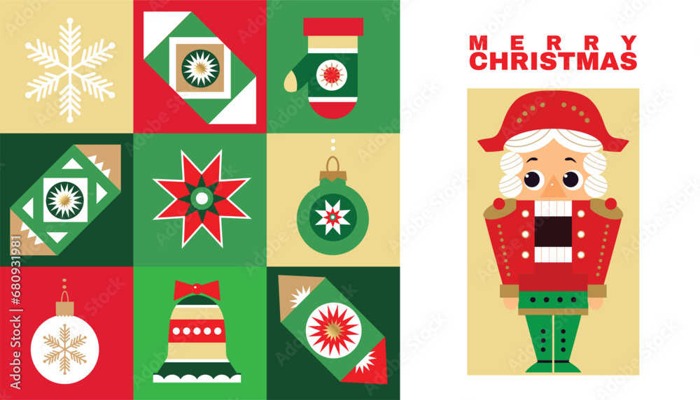 Merry Christmas and Happy New Year 2024 holiday template design banner, Christmas tree, nutcracker, Santa Claus, Gifts, ball toy, snowflake Modern Xmas flat cartoon cute vector illustration Merry Christmas and Happy New Year 2024 holiday template design banner, Christmas tree, nutcracker, Santa Claus, Gifts, ball toy, snowflake Modern Xmas flat cartoon cute vector illustration