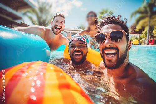 Happy Friends on an Inflatable Circle in Pool, Water Park Fun, Laughing Youth, Generative AI Illustration photo