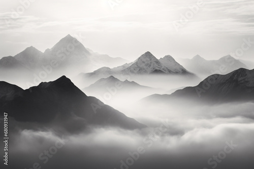 Stunning Black and White Landscape Painting of Mountains in Fog photo