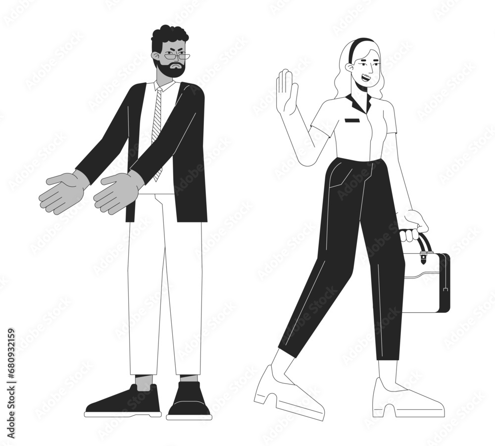 Leaving office on time black and white cartoon flat illustration. Work life balance woman gen z, angry older manager 2D lineart characters isolated. Quiet quitter monochrome scene vector outline image Leaving office on time black and white cartoon flat illustration. Work life balance woman gen z, angry older manager 2D lineart characters isolated. Quiet quitter monochrome scene vector outline image