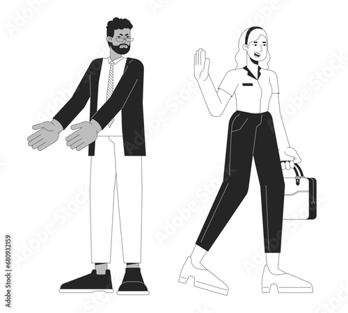 Leaving office on time black and white cartoon flat illustration. Work life balance woman gen z, angry older manager 2D lineart characters isolated. Quiet quitter monochrome scene vector outline image