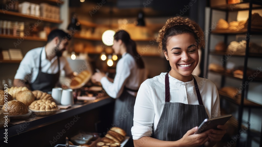 Cheerful barista with a digital tablet in a sunny café, with fresh pastries and a colleague working in the background. Ai generated