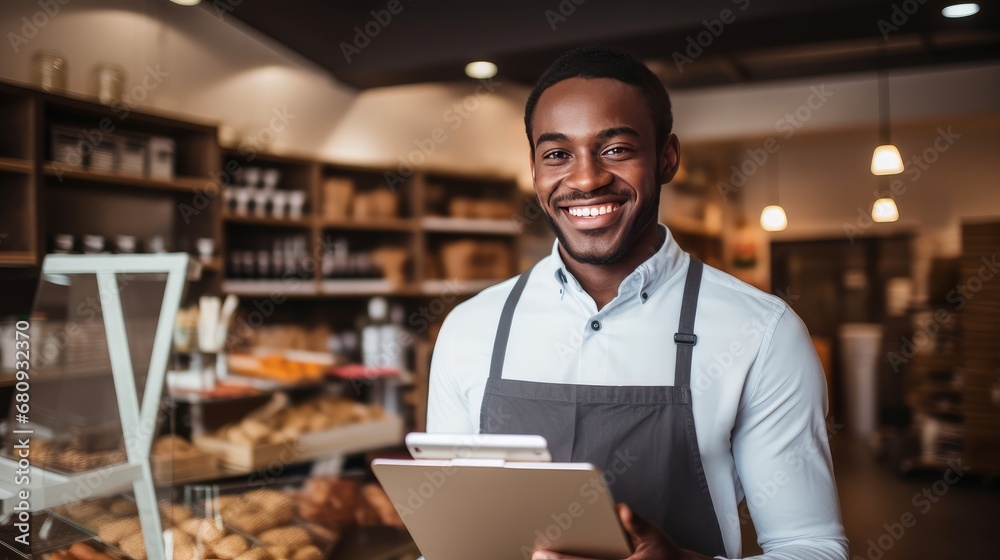 Fototapeta premium Cheerful barista with a digital tablet in a sunny café, with fresh pastries and a colleague working in the background. Ai generated