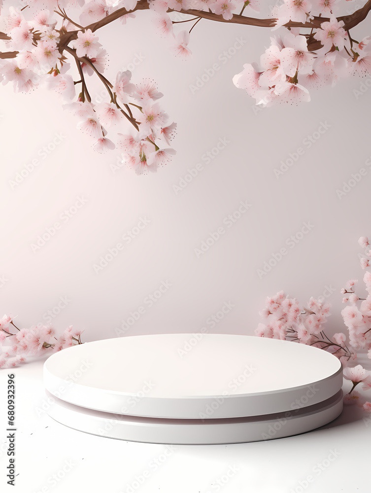 3d rendering white cherry blossom background booth, podium, stage, product commercial photography background, PPT background product cosmetics display 3d rendering white cherry blossom background booth, podium, stage, product commercial photography background, PPT background product cosmetics display
