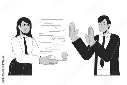 No to unreasonable workload black and white cartoon flat illustration. Gen z employee refusing overwork from disappointed manager 2D lineart characters isolated. Say no monochrome vector outline image