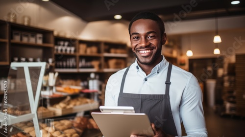 Cheerful barista with a digital tablet in a sunny café, with fresh pastries and a colleague working in the background. Ai generated