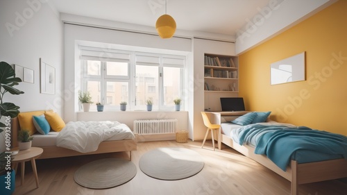 Bright youth dorm room with typical decoration and furniture  photo