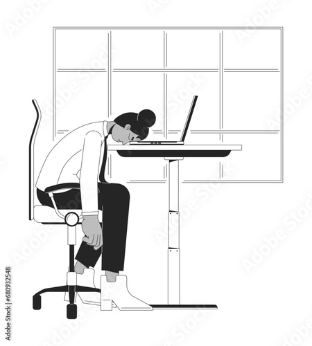 Work overload black and white cartoon flat illustration. Black woman worker head down on desk 2D lineart character isolated. Frustrated employee. Burnout syndrome monochrome scene vector outline image