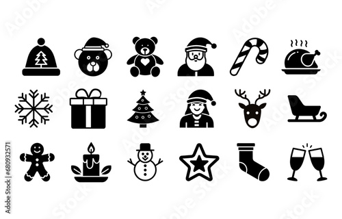  icons set of Christmas Santa hat bear tree snow solid icon black 