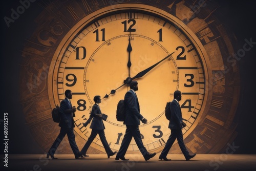 Business times concept people walking overlay with time clock