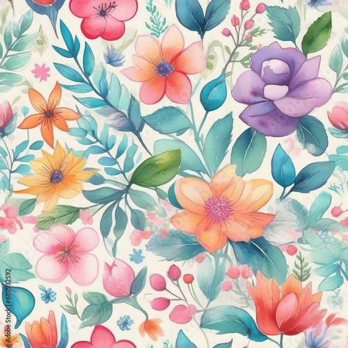 Seamless pattern with multi-colored flowers on a light background in watercolor style. Packaging, wrapper and postcard design. Printing on fabric.