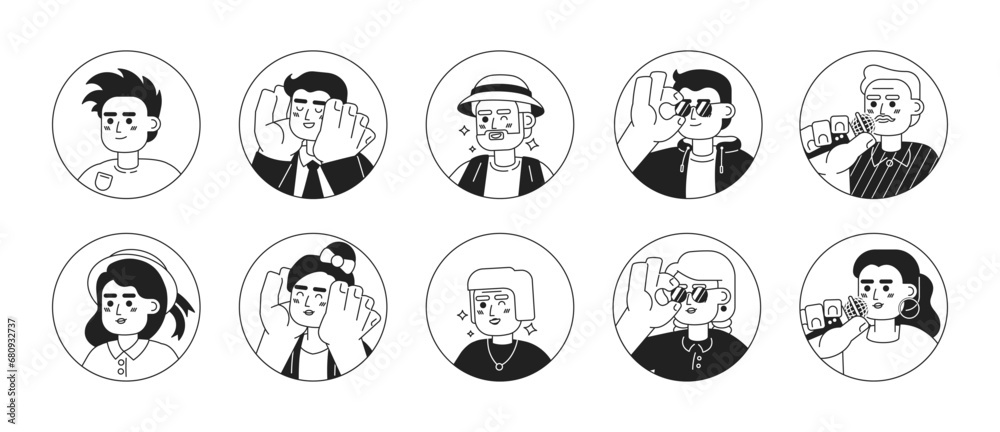 Modern caucasian people black and white 2D vector avatars illustration set. Seniors, adult europeans outline cartoon character faces isolated. Positive mood flat users profile images collection