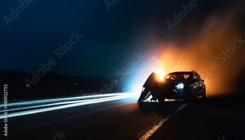  Car crash dangerous accident on the road at night. copy space