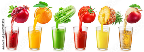 Set of fruit juice glasses and fresh juice pouring from fruits into the glasses isolated on white background.