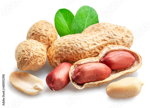 Peanut or groundnut whole and cracked isolated on white background.
