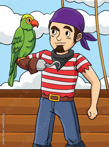 Pirate with Macaw Colored Cartoon Illustration