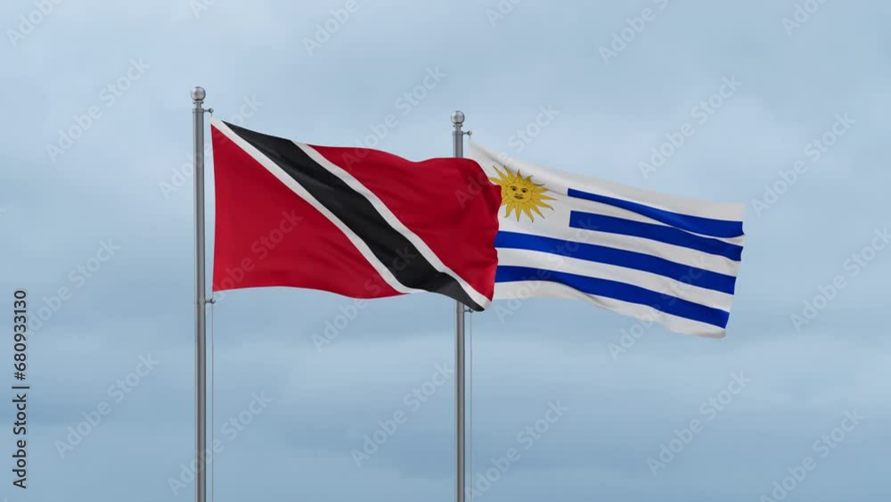 Uruguay and Trinidad and Tobago flag waving together on cloudy sky, endless seamless loop, two country cooperation concept Uruguay and Trinidad and Tobago flag waving together on cloudy sky, endless seamless loop, two country cooperation concept