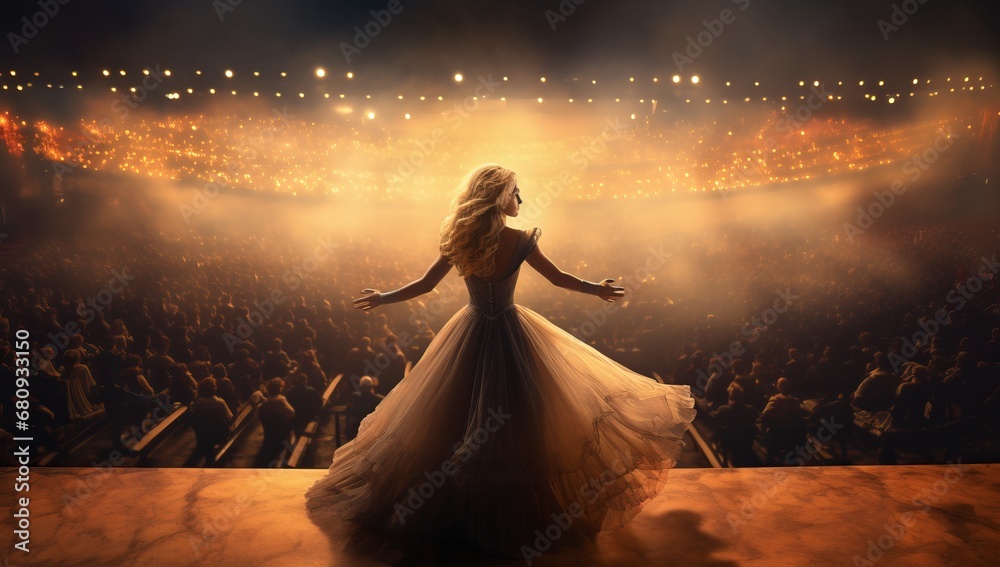 The Enigmatic Elegance of a Woman in a Long Dress on a Radiant Stage The Enigmatic Elegance of a Woman in a Long Dress on a Radiant Stage