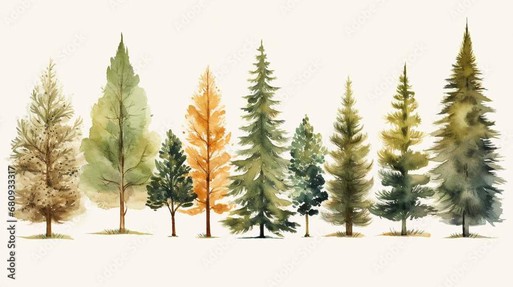 Watercolor fir trees in clipart style