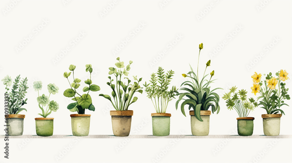 A set of plants painted in watercolor in clipart style