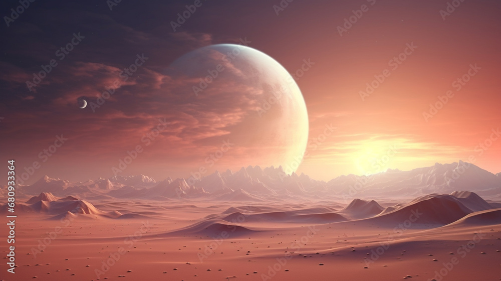 Sand dunes on the background of a planet at night Sand dunes on the background of a planet at night