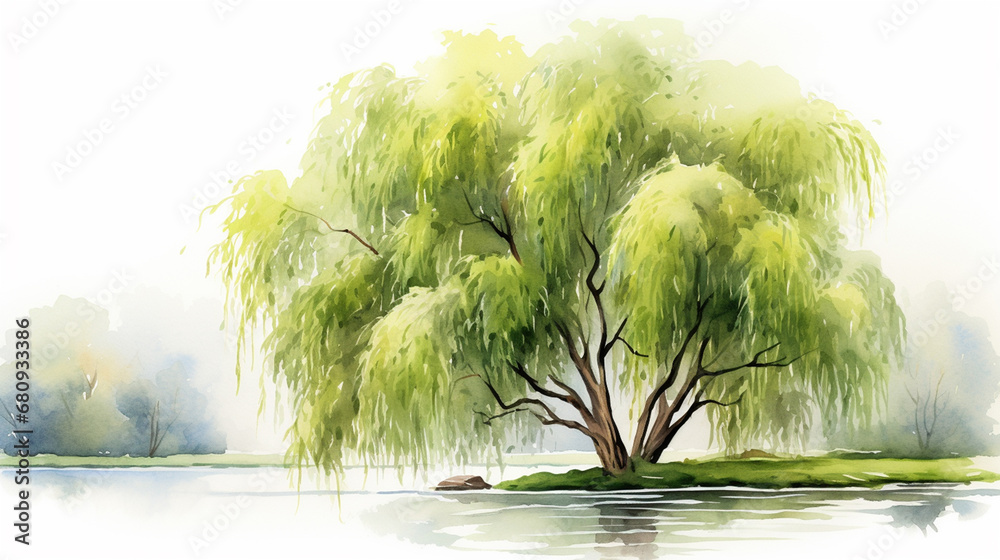 A watercolor painting of a willow tree in clipart style - obrazy, fototapety, plakaty 