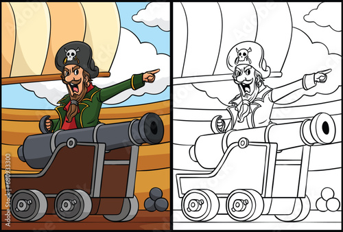  Pirate Captain with Cannon Coloring Illustration