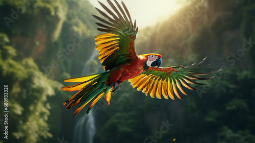 A parrot flies through the jungle