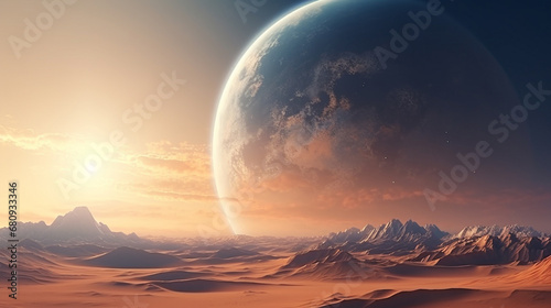 Sand dunes on the background of a planet at night