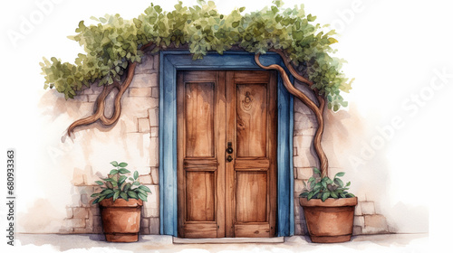 A rustic door painted in watercolor in clipart style