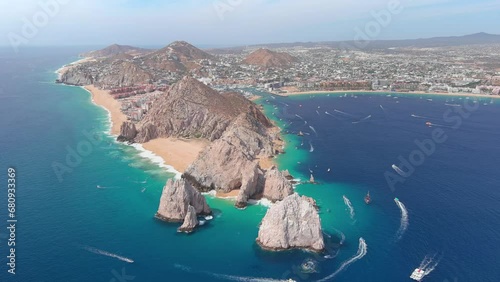 Mexico, Cabo San Lucas: Aerial view of famous resort city on Baja California peninsula, Wejulia Beach and Medano Beach (Playa El Medano) in background - landscape panorama of Latin America from above photo