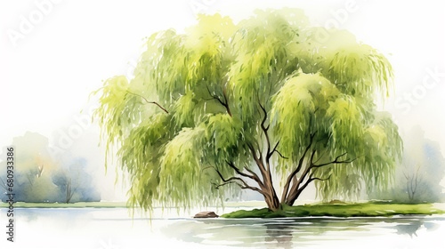 A watercolor painting of a willow tree in clipart style photo