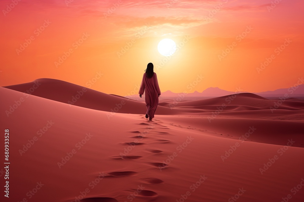 The Lonely Wanderer: A Serene Journey Through the Desert Sands at Sunset