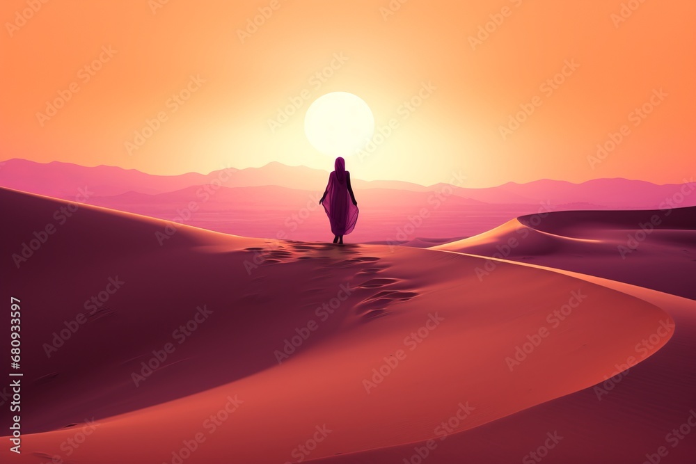 The Solitary Journey: A Serene Walk Across the Desert Sands at Sunset