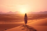 The Solitary Journey: A Woman Embracing the Desert Wilderness at Sunset