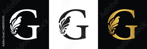 letter G. Black, white and golden  flower alphabet. Beautiful capital letters 